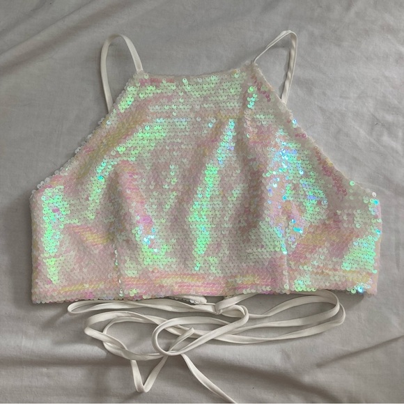 superdown Tops - Superdown Green and Pink Sequin Tie Front Tank Top